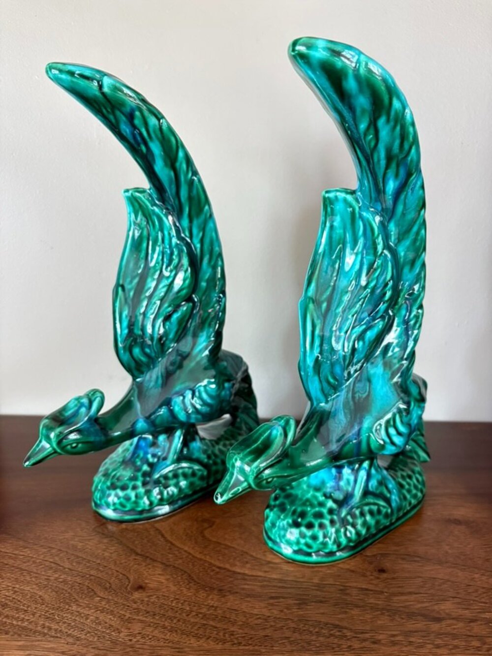 Vintage MCM Drip Glaze Pheasant Figurines